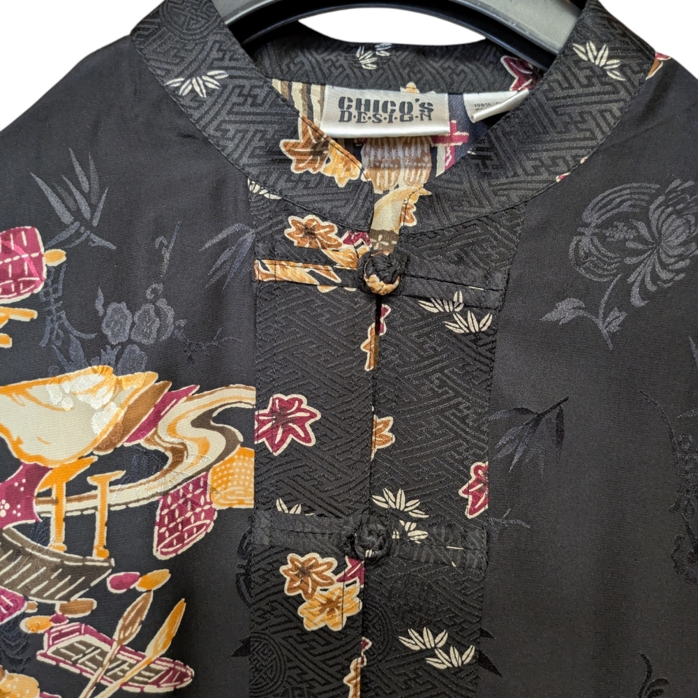 Chico's Vintage 100% Silk Asian Inspired Print Mandarin Collar Top Size 0 Small - Picture 3 of 11